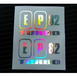 EP82 TURBO x2 Pair Silver Hologram Neo Mirror Chrome Car Window Bumper Stickers Decals
