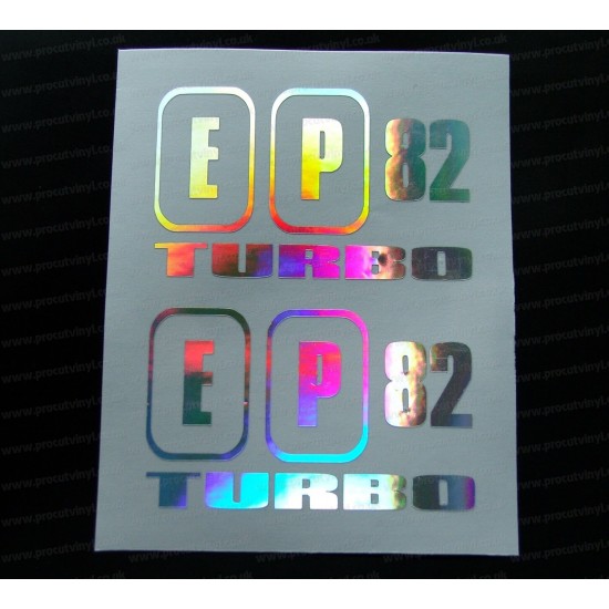 EP82 TURBO x2 Pair Silver Hologram Neo Mirror Chrome Car Window Bumper Stickers Decals