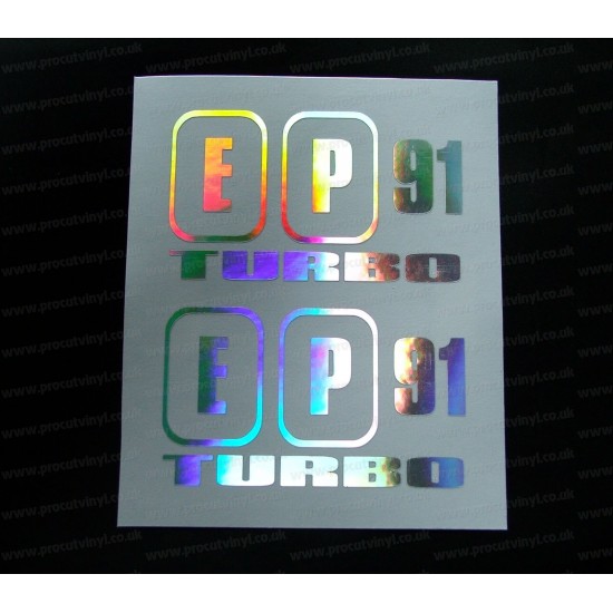 EP91 TURBO x2 Pair Silver Hologram Neo Mirror Chrome Car Window Bumper Stickers Decals