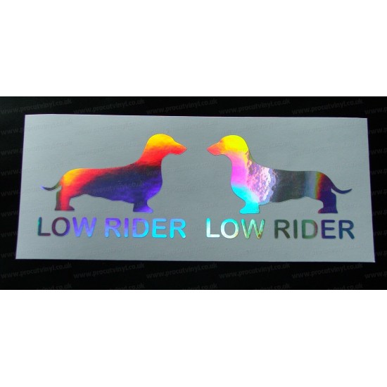 Low Rider Dachshund x2 Pair Silver Hologram Neo Mirror Chrome Car Window Bumper Stickers Decals