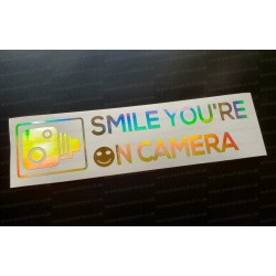Smile You're on Camera Funny Novelty Car Vinyl Die Cut Window Bumper Sticker Decal Graphic Silver Gold Hologram Neo Chrome