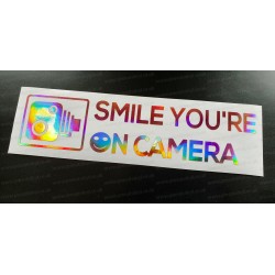 Smile You're on Camera Funny Novelty Car Vinyl Die Cut Window Bumper Sticker Decal Graphic Rose Pink Gold Hologram Neo Chrome